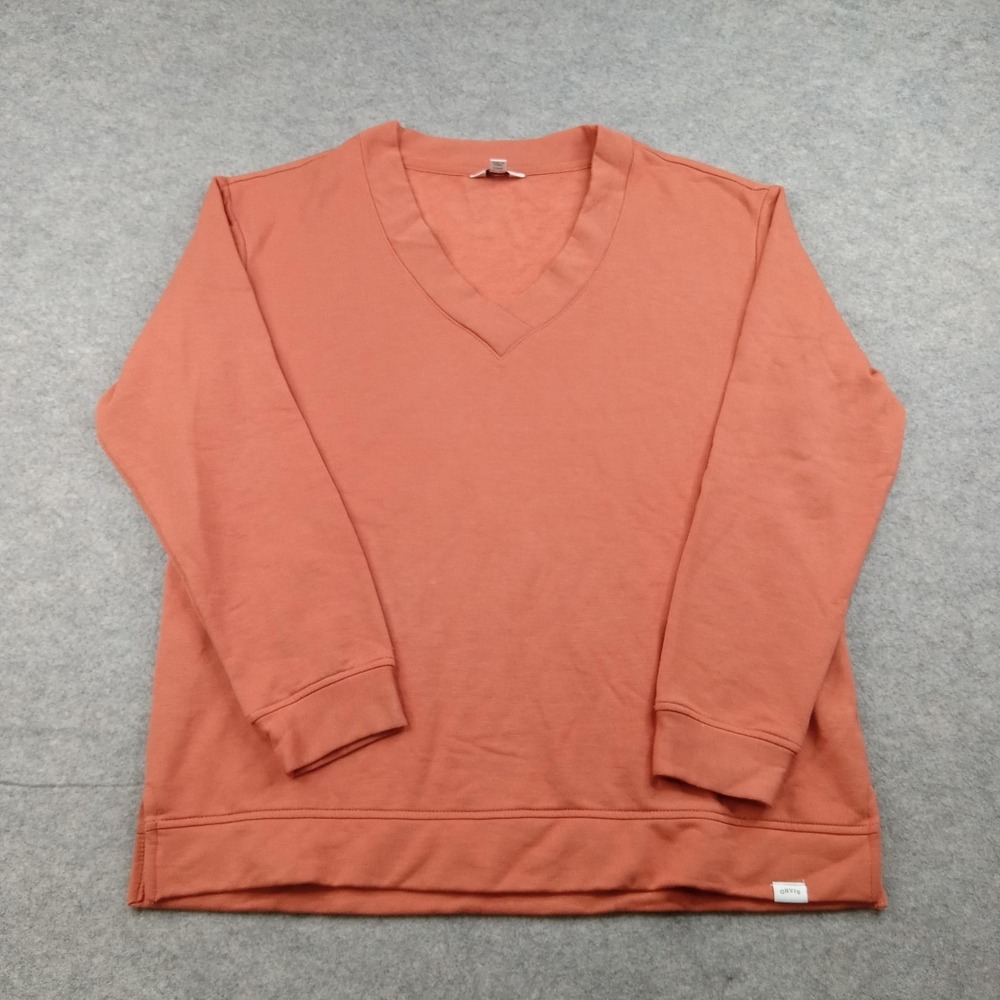 Orvis‎ Sweatshirt Mens Large Orange V-Neck Fleece Pullover Stretch Casual